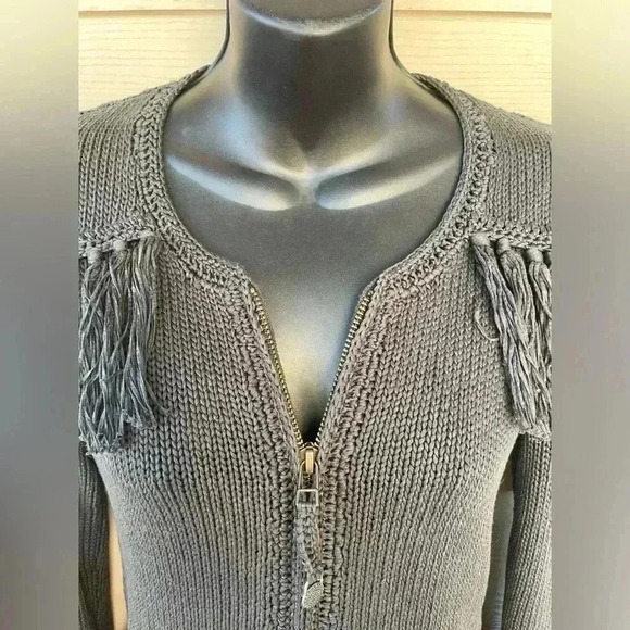 ODD MOLLY women’s charcoal gray knit fringe sweater pockets and from zip sz 0 - Picture 15 of 15